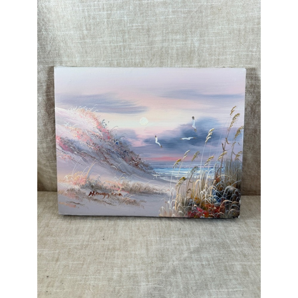 Vintage H Duggan Signed Oil Painting Coastal Sand Dunes Seagulls Beach 8x10